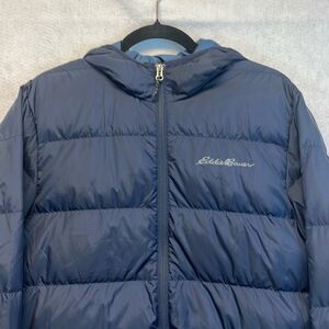 EDDIE BAUER Men’s Down Jacket Wide Channel Hooded Navy Blue Medium Puffer Coat